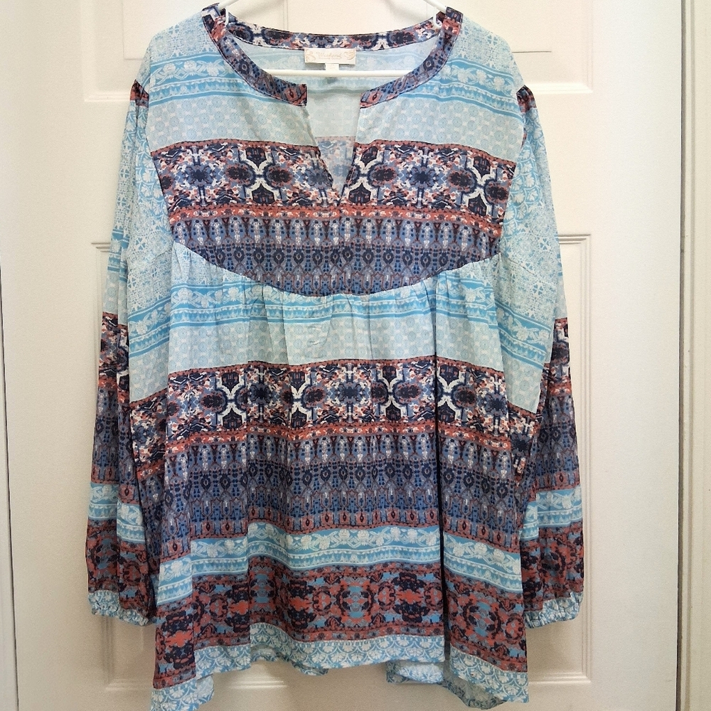 Weekend Susan Betro Tunic Top Size 2X Blue Lightweight Boho Festival Resortwear